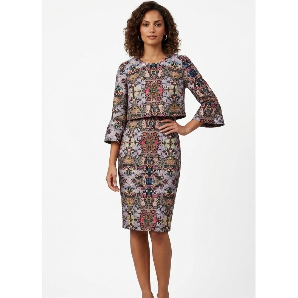 Badgley Mischka Dress 12 Floral Scuba Popover Sheath Bell Sleeve Tapestry Midi
